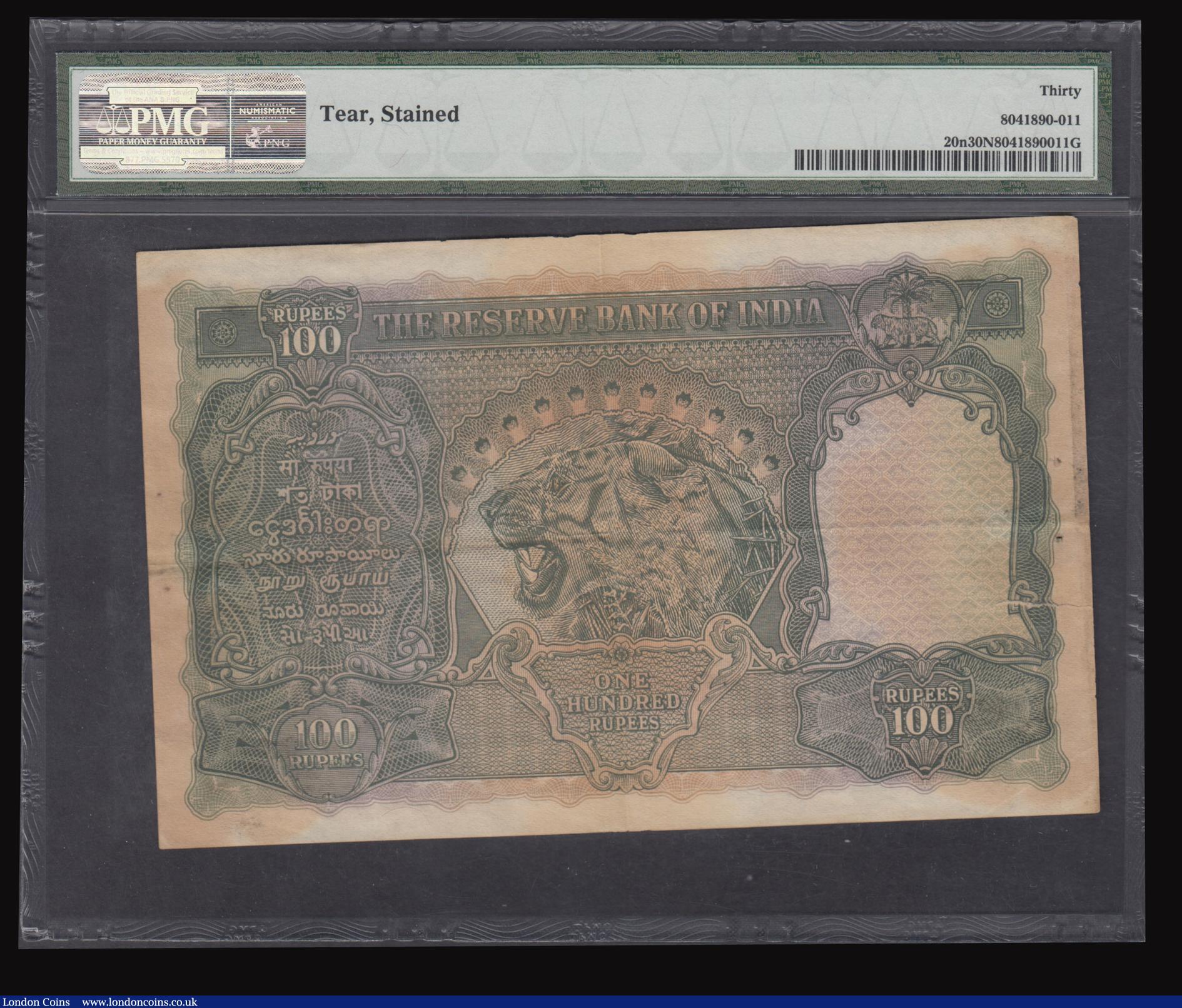 London Coins : A179 : Lot 130 : India Reserve bank 100 Rupees Pick 20n (Jhun 4.7.1F) ND (1937-1943) MADRAS issue and signature J.B. ...
