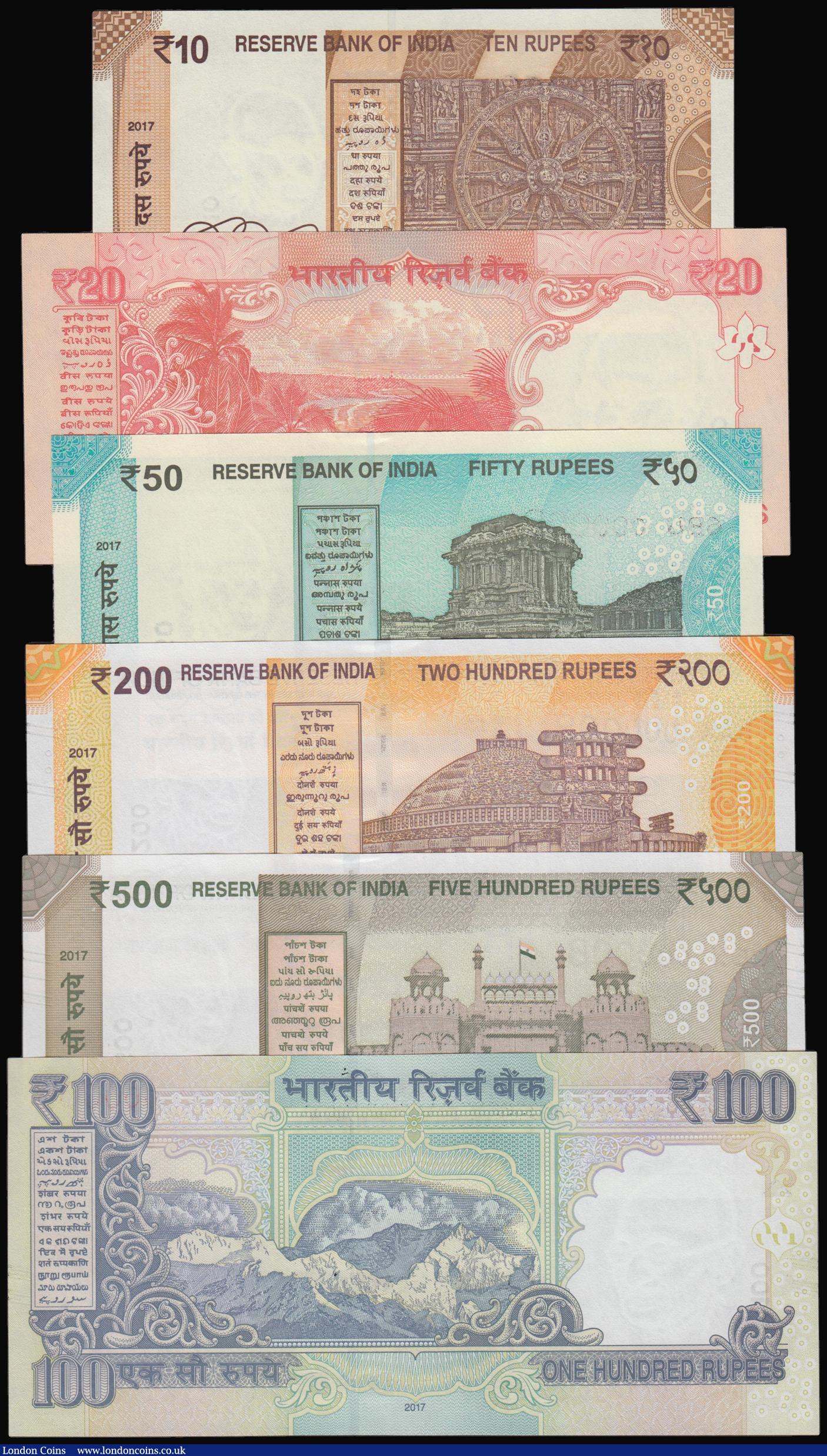 London Coins : A179 : Lot 136 : India, Reserve Bank of India serial number 000008 matching set recent issue 10 Rs 74E 000008, 20 Rs ...