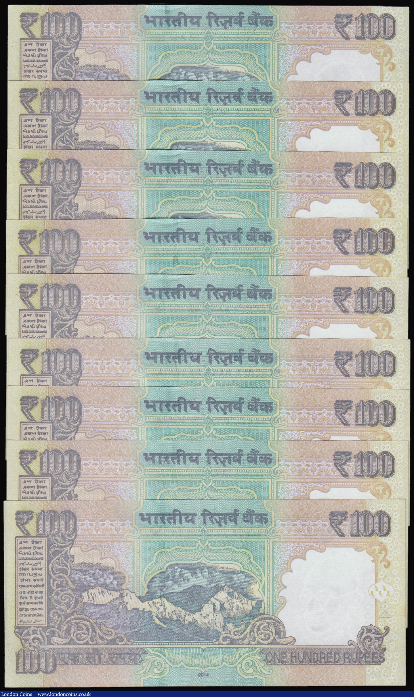 London Coins : A179 : Lot 137 : India, Reverse Bank of India 100 Rupees Pick 105 (9) serial numbers 9MP 000011, 000022, 000033, 0000...