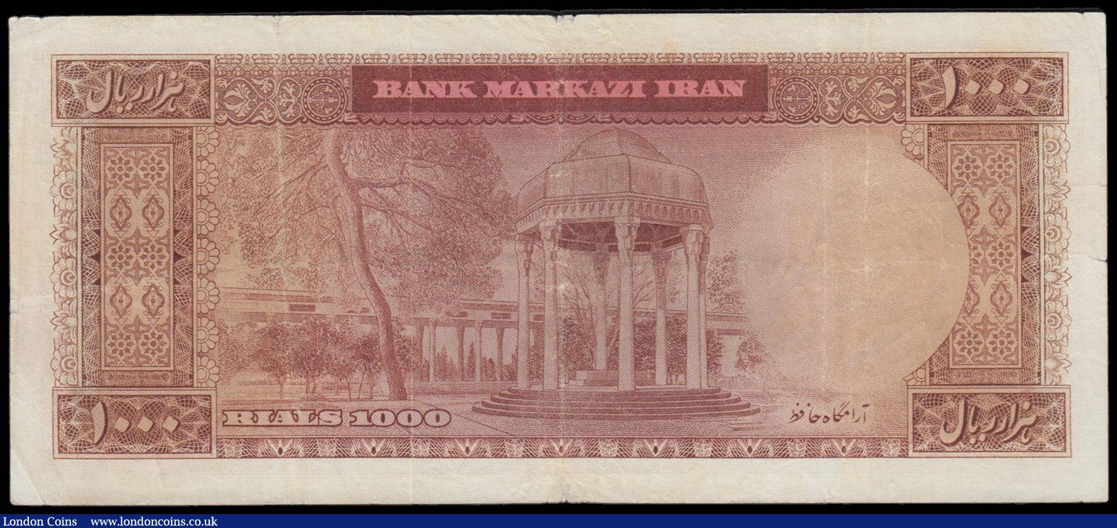 London Coins : A179 : Lot 138 : Iran 1,000 Rials SH1341 (1962) brown on red yellow security thread young Shah, tomb of Hafez in Shir...