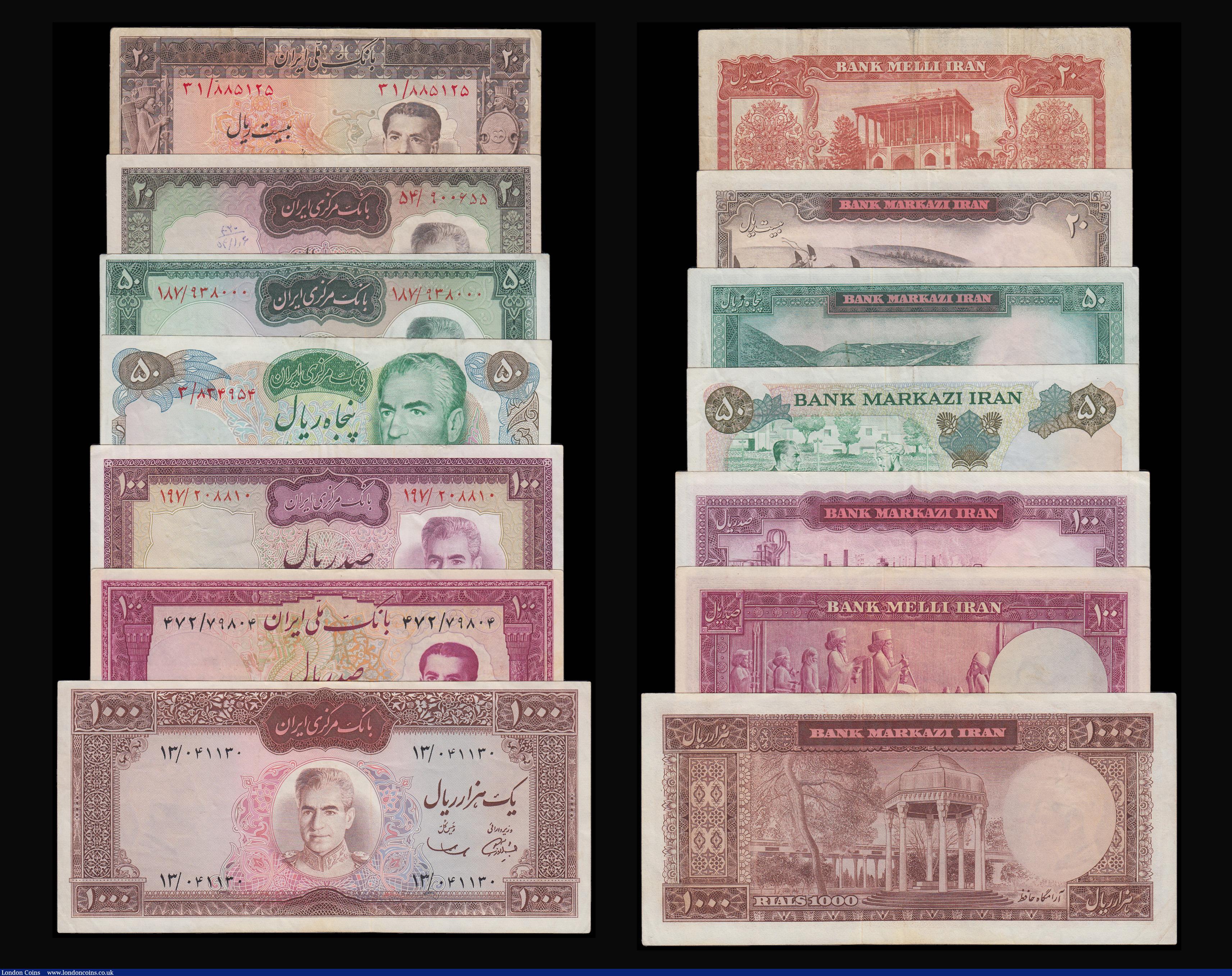 London Coins : A179 : Lot 140 : Iran 100 Rials SH1330 (1951) Pick 57 EF, 20 Rials SH1332 (1953) Pick 60 Fine, 20 Rials (1969) Pick 8...