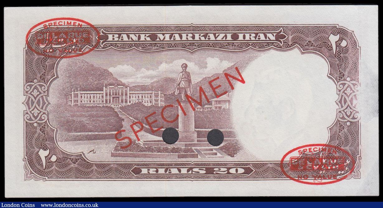 London Coins : A179 : Lot 144 : Iran 20 Rials SH1330 (1951) Pick 55 SPECIMEN by De La Rue with red circular De La Rue stamps in the ...
