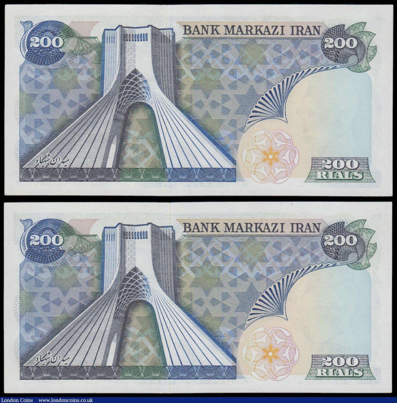 London Coins : A179 : Lot 145 : Iran 200 Rials 1974 Star of David variety Pick 103a (2) a consecutive number pair in Unc