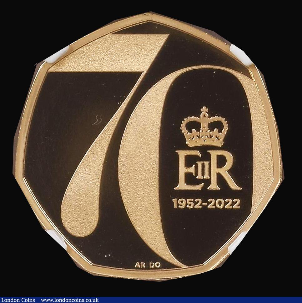 London Coins : A179 : Lot 1558 : Fifty Pence 2022 Queen Elizabeth II Platinum Jubilee, Reverse 70 and the Royal cypher, Gold Proof S....