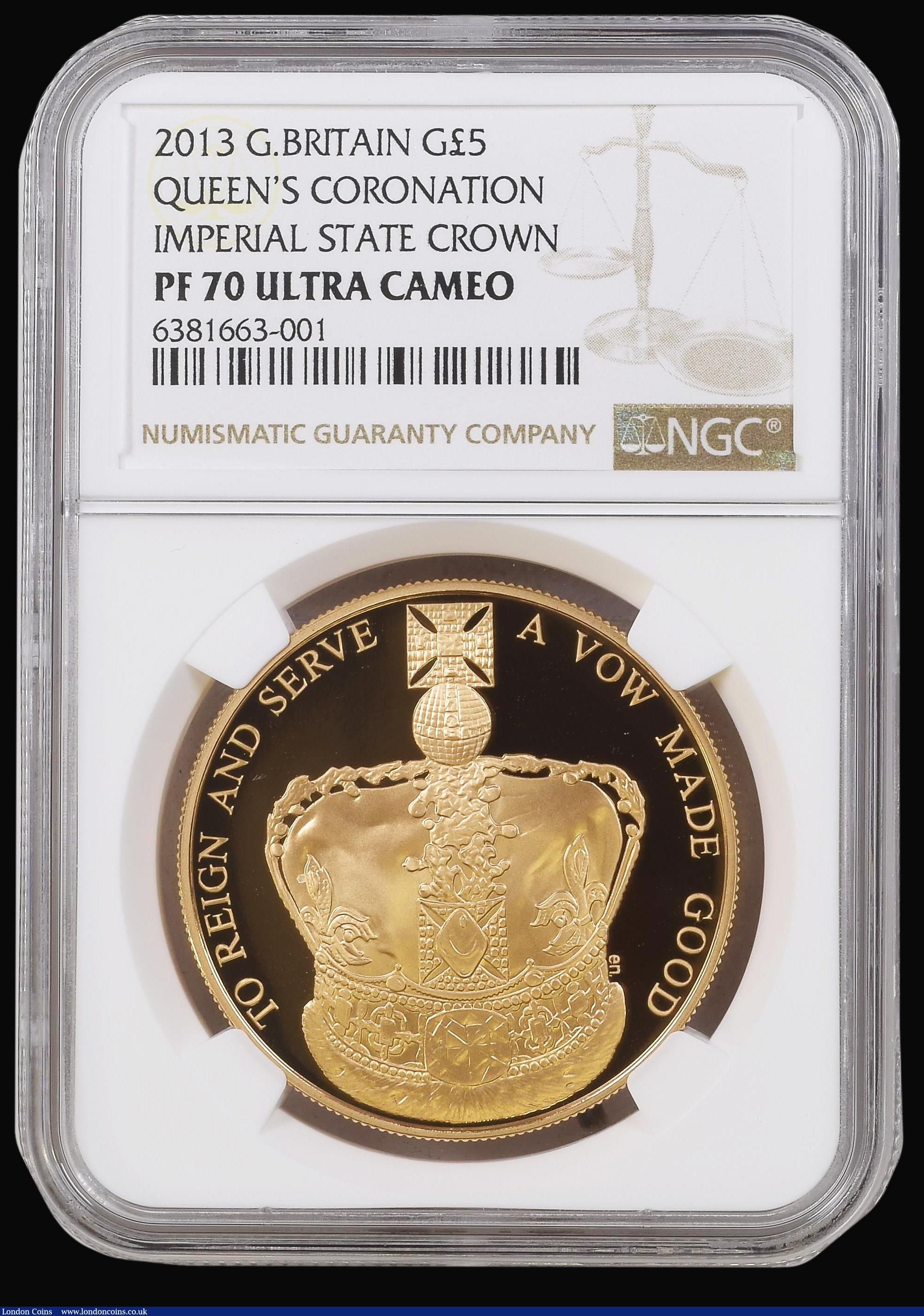 London Coins : A179 : Lot 1568 : Five Pound Crown 2013 Coronation of Queen Elizabeth II 60th Anniversary S.L25 Gold Proof, in an NGC ...