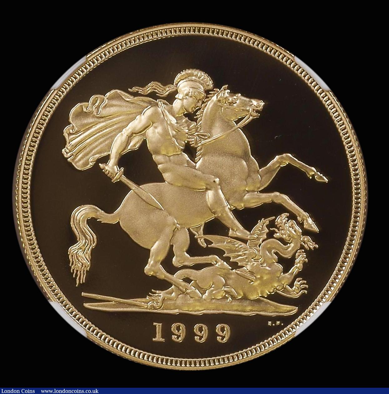 London Coins : A179 : Lot 1595 : Five Pounds Gold 1999 S.SE7 Gold Proof in an NGC holder and graded PF70 Ultra Cameo 