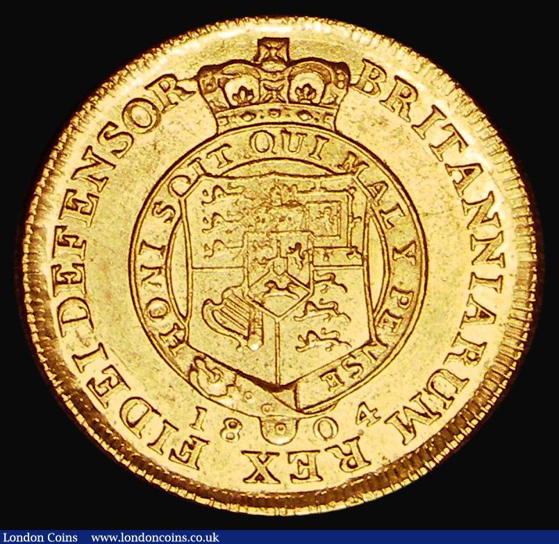 London Coins : A179 : Lot 1671 : Half Guinea 1804 S.3737, Iverson Obverse 4 Lower laurel leaf points to the middle of the E in DEI, R...