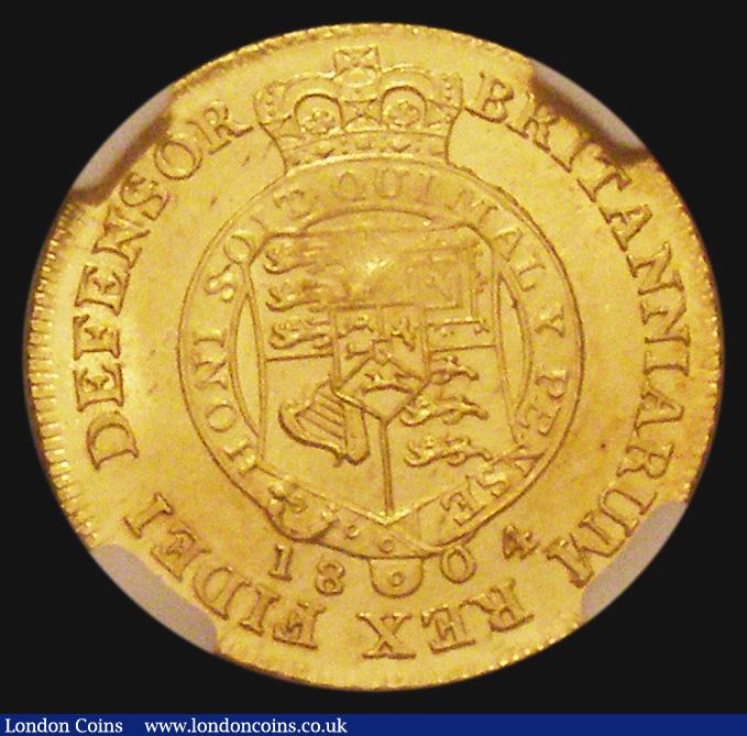 London Coins : A179 : Lot 1672 : Half Guinea 1804 S.3737, Obverse: Lower laurel leaf points to the middle of the E in DEI, Reverse: 1...