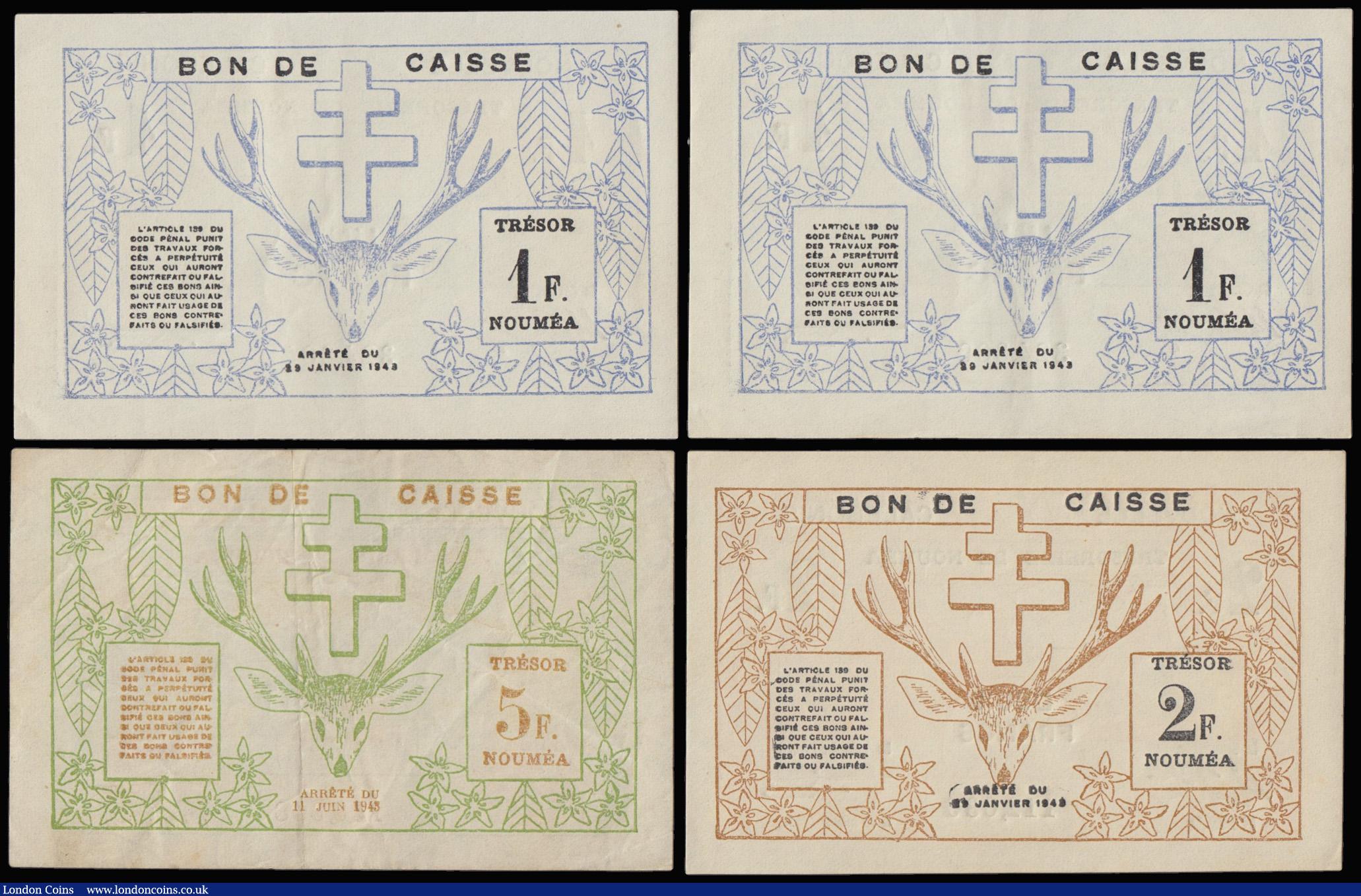 London Coins : A179 : Lot 168 : New Caledonia (4) Five Francs 15/6/1943 issue, Pick 58 NVF, Two Francs 29/3/1943 issue, Thick Numera...