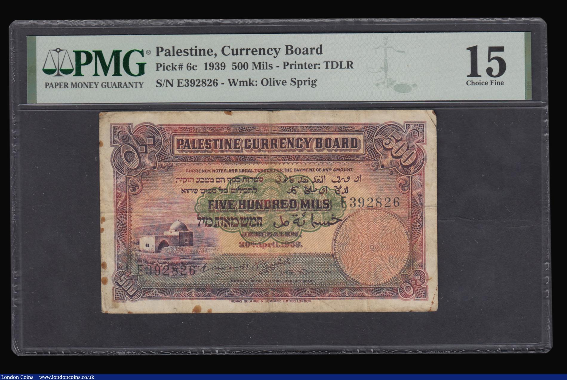 London Coins : A179 : Lot 171 : Palestine Currency Board 500 mils dated 20 April 1939 series E392826, Pick6c, PMG Choice Fine 15 &qu...