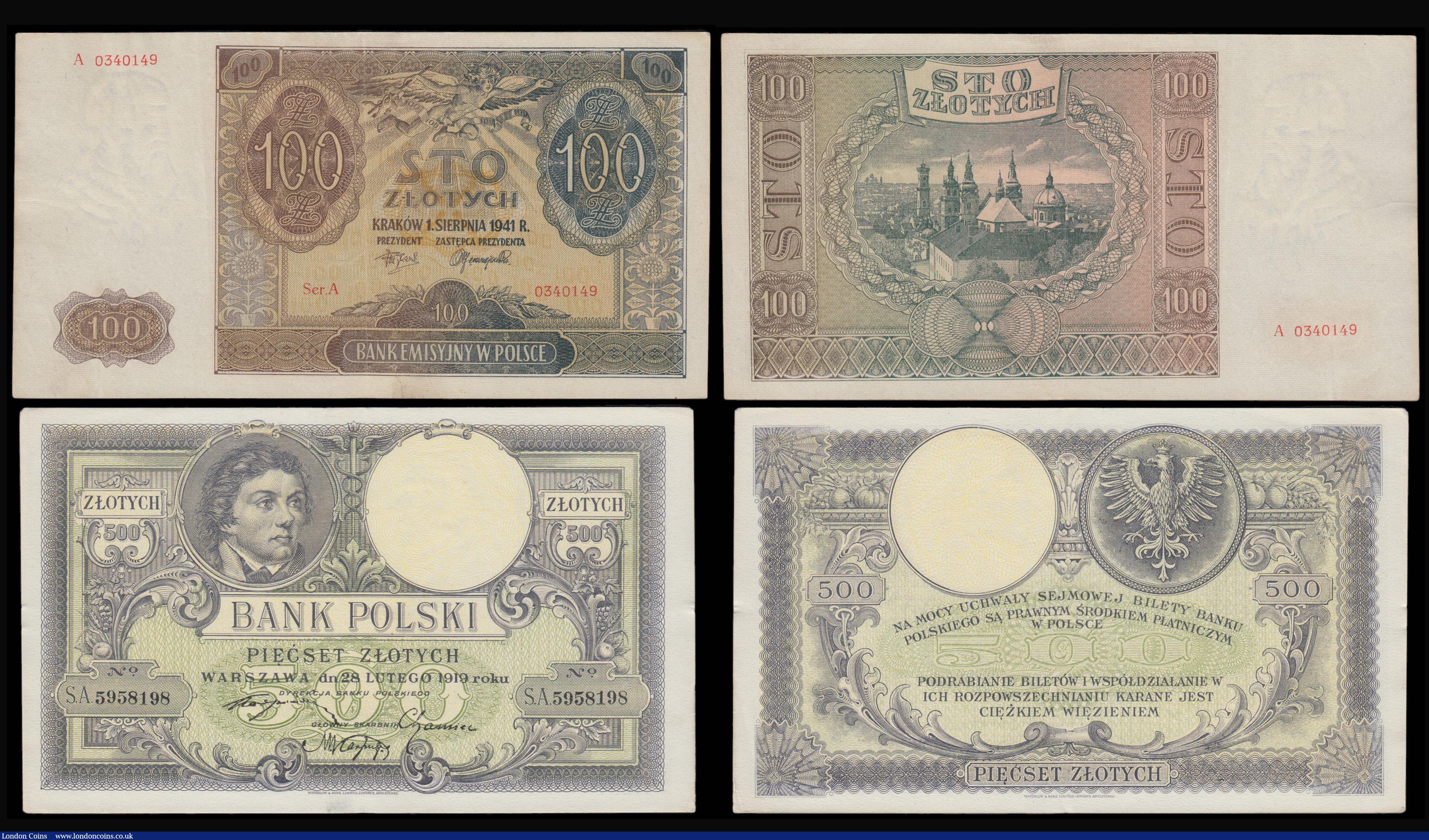 London Coins : A179 : Lot 172 : Poland 1,000 Marek 1919 Pick 29 AU, 500 Zlotych 28.2.1919 (1924) Pick 58 AU and 100 Zlotych 1.8.1941...