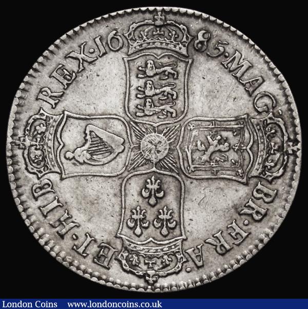 Halfcrown 1685 PRIMO edge, ESC 493, Bull 748, NVF/Good Fine, the obverse with a series of fine hairlines in front of the bust conceals some old scratches : English Coins : Auction 179 : Lot 1726
