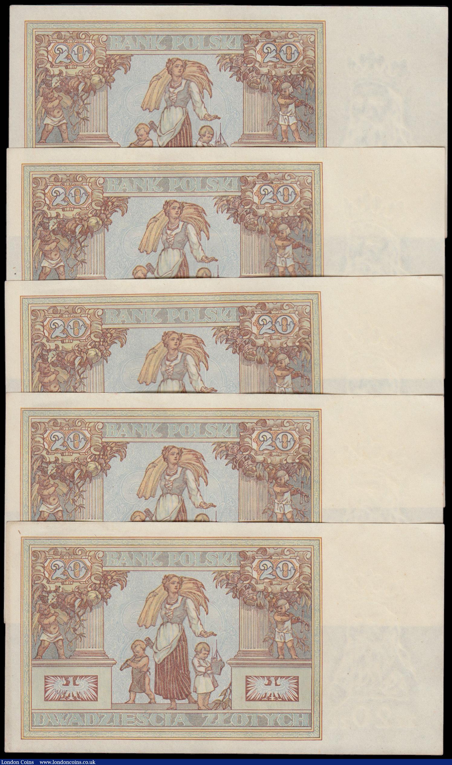 London Coins : A179 : Lot 174 : Poland 20 Zlotych 20.6.1931 Pick 73 (5) consecutive numbers DT. 5818402 to 5818406 Unc the 403 with ...