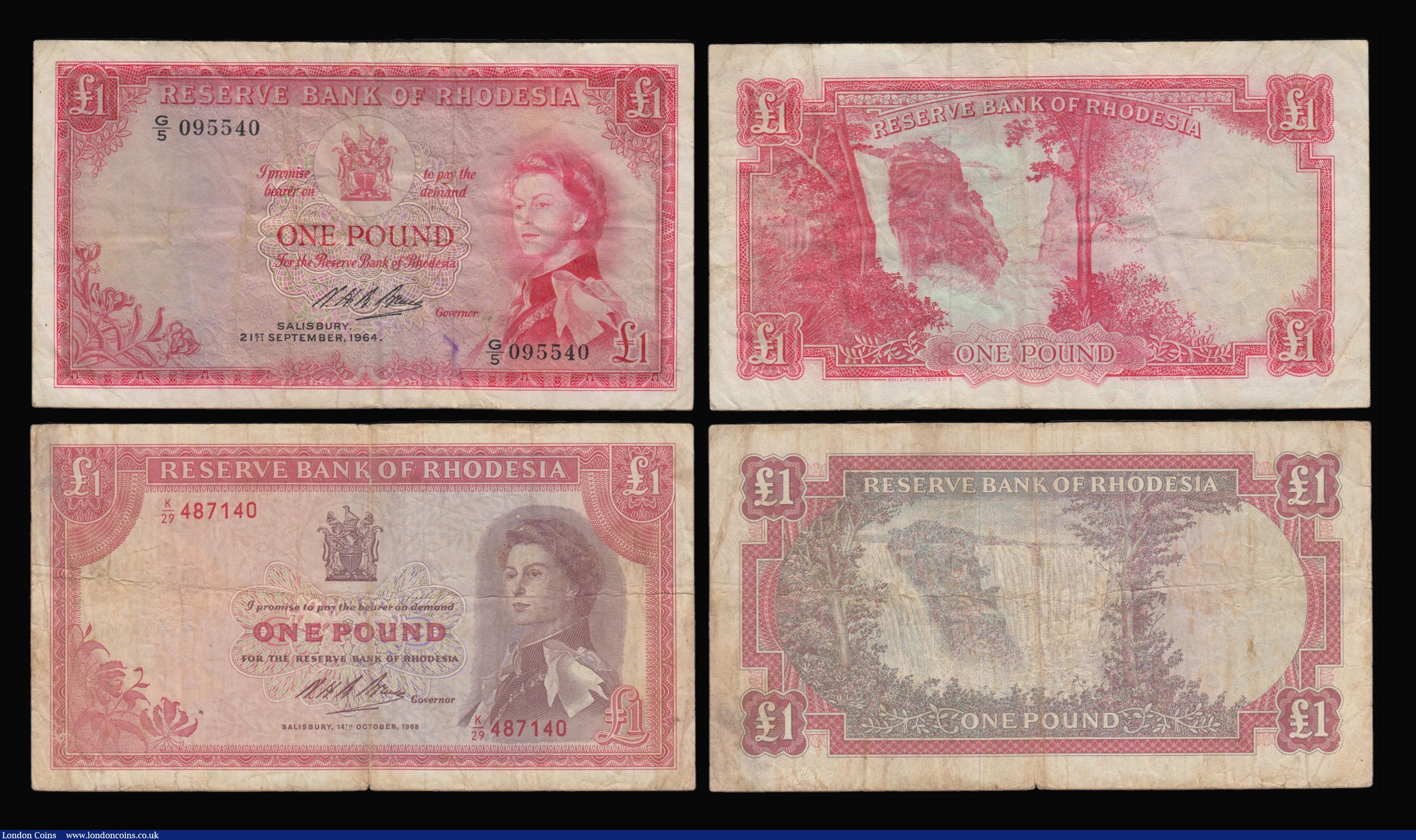 London Coins : A179 : Lot 176 : Rhodesia (3) One Pound (2) 21/9/1964 issue, G/5 095540, Pick 25a, About Fine with an ink mark at low...