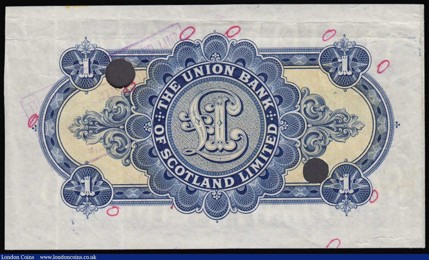 London Coins : A179 : Lot 187 : Scotland - Union Bank of Scotland Limited One Pound Proof with 2 large cancellation punch-holes, dat...