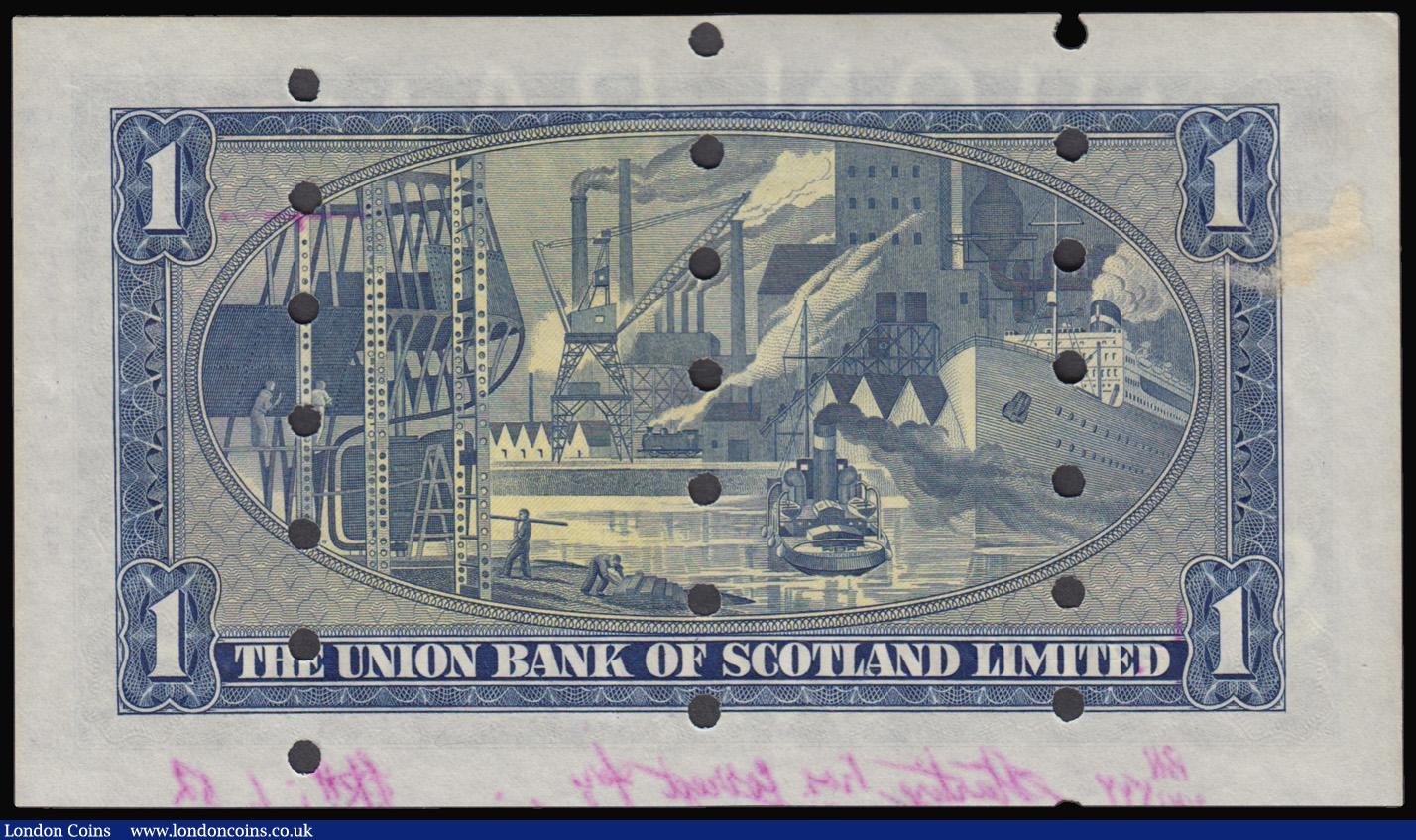 London Coins : A179 : Lot 188 : Scotland - Union Bank of Scotland Limited One Pound Specimen 7th April 1952, serial number E/13 3010...