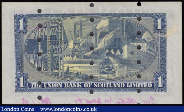 Scotland - Union Bank of Scotland Limited One Pound Specimen 7th April 1952, serial number E/13 301000 cancelled with three rows of punch holes, EF with some inked annotations on the lower border and a bank stamp to the right border : World Banknotes : Auction 179 : Lot 188