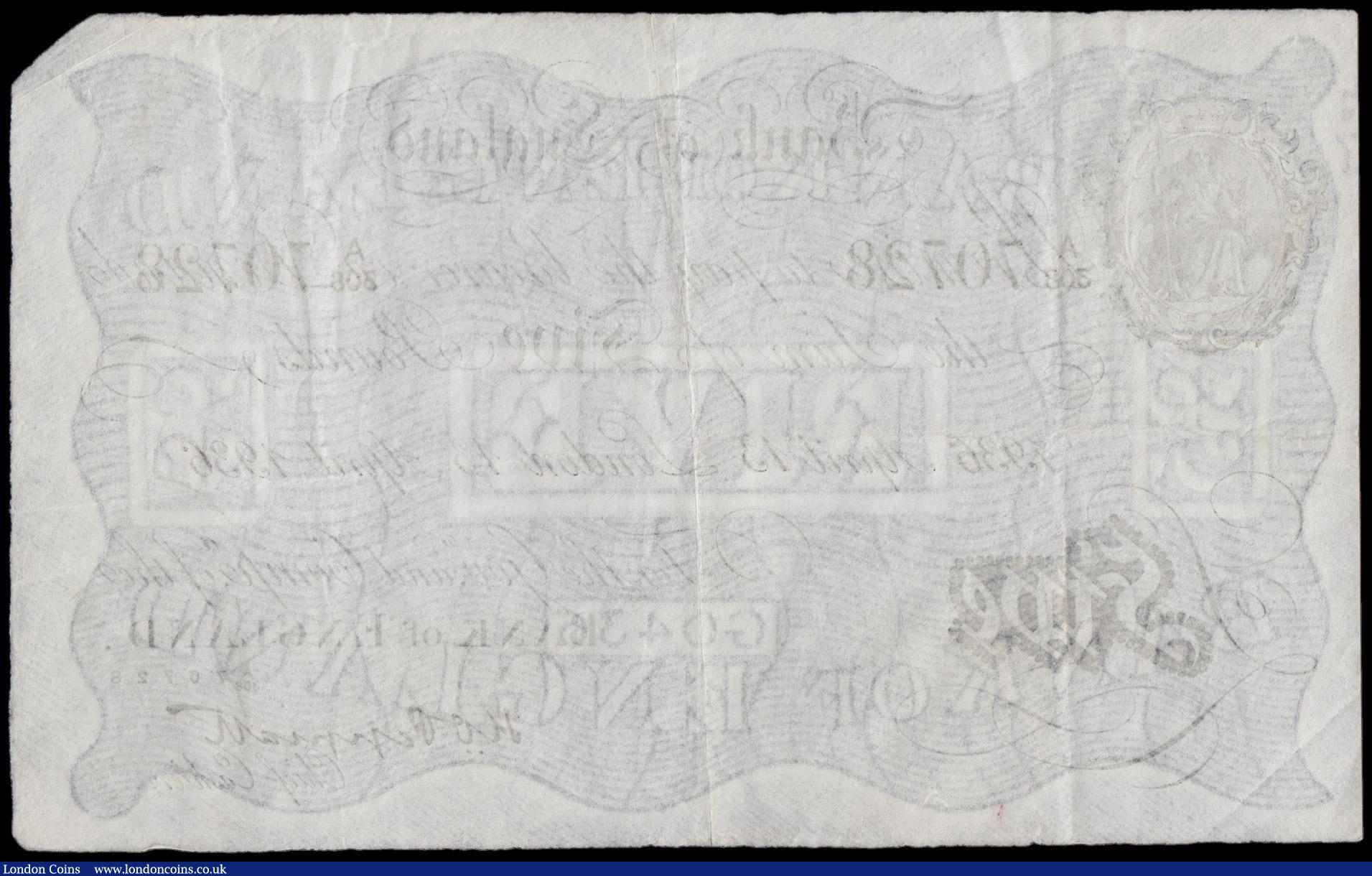 London Coins : A179 : Lot 19 : Five Pounds Peppiatt London April 13 1936 VF top right corner missing as usual