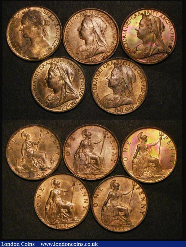 Pennies (10) 1889 14 Leaves UNC or near so and lustrous, 1895 EF/AU, 1896 EF/GEF with colourful toning, 1897 GEF and lustrous, lacquered, 1898 A/UNC with good subdued lustre, 1899 EF lacquered, 1900 EF and lustrous, 1901 EF lacquered, 1904 GEF with traces of lustre, 1905 GEF : English Bulk Lots : Auction 179 : Lot 2418