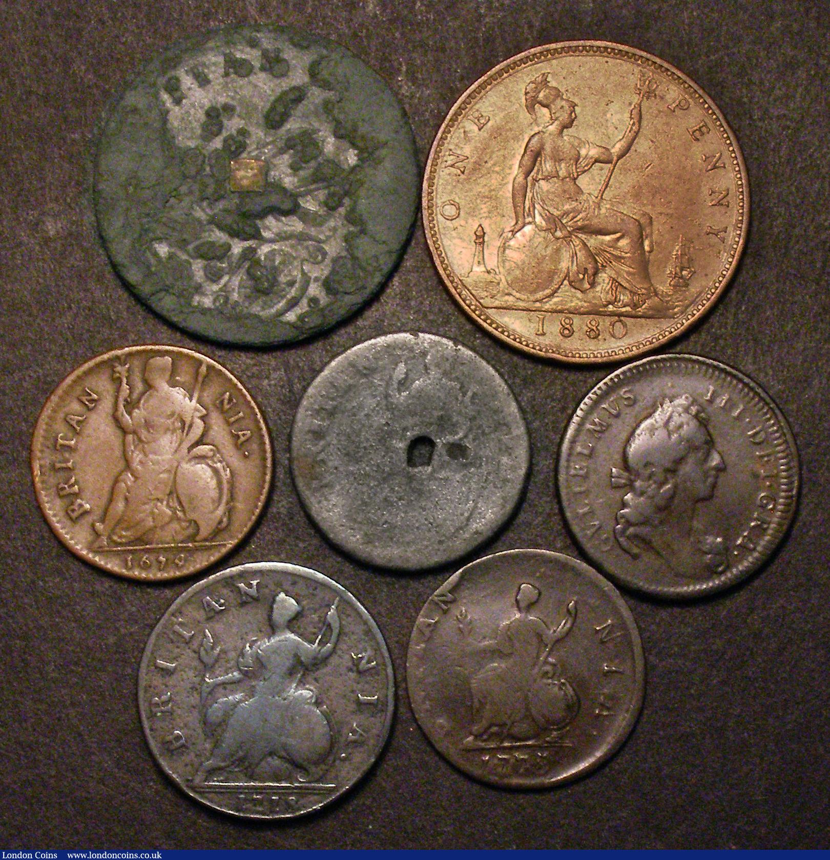 London Coins : A179 : Lot 2448 : Pennies to Farthings (6) Penny 1880 Fine, Halfpennies (2) James II Tin, edge illegible, Fine or bett...