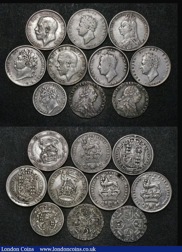 Shillings and Sixpences (20) comprising Shillings (17) 1787 Hearts (2) both Good Fine, 1817 Unbarred H in HONI, Fine, 1817 Fine, 1819 Fine, 1821 Fair, 1824 Fine/Near Fine, 1825 Lion on Crown VG, 1826 (3) VG (2) and Fine, 1885 About Fine, 1887 Jubilee Head (2), Good Fine and Fine, 1890 Near Fine, 1911 Fine, 1930 VG, Sixpences (3) 1787 No Hearts VF with dark tone and some old scratches on the reverse, 1787 Hearts Good Fine, toned, 1821 About Fine : English Bulk Lots : Auction 179 : Lot 2477