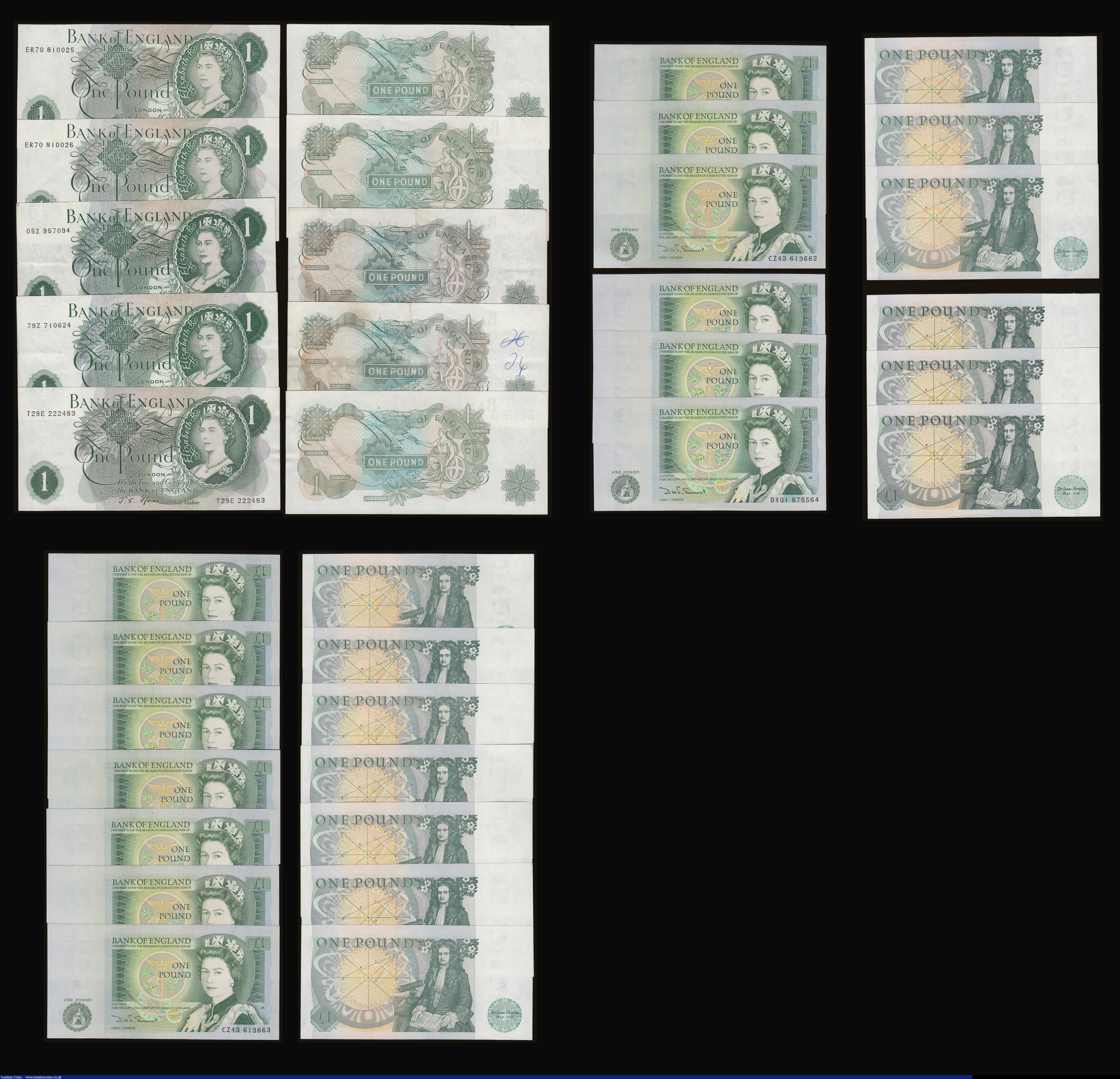 London Coins : A179 : Lot 27 : Ten Pounds Page 1971 prefix C39 VF, Five Pounds Hollom 1963 B297 prefix J49 VF, One Pounds Beale 195...