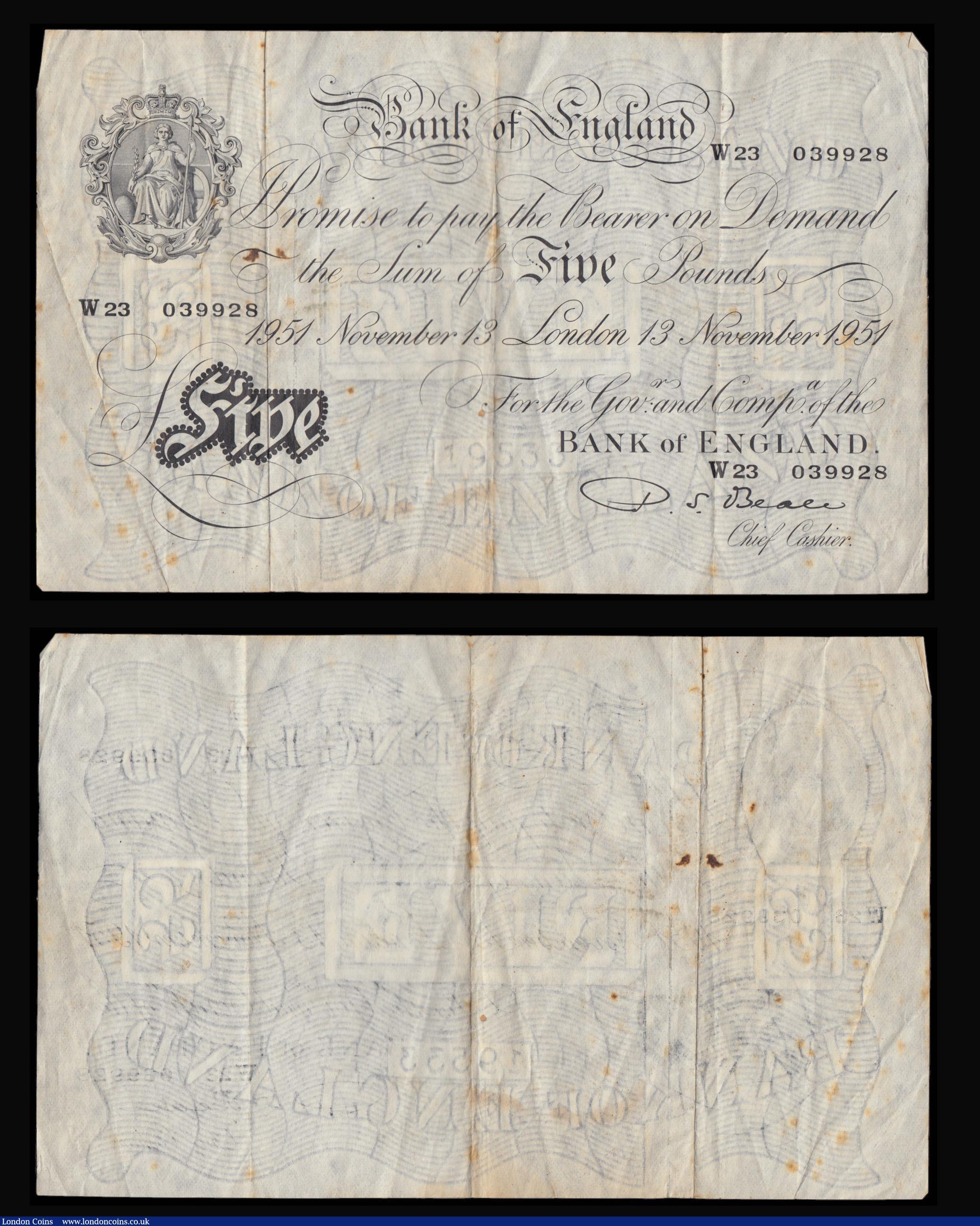 London Coins : A179 : Lot 28 : Five Pounds Beale (2) November 13 1951 W23 039928 and January 24 1952 W84 013871 B270 both Fine with...