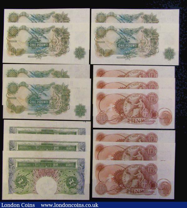 One Pound O'Brien 1955 B273 (3) consecutive numbers D07K 0000169, 170 and 171 Unc or near so along with B284 (2) consecutives B55N 308195 and 196 AU-Unc, One Pounds Hollom B290 replacement (2) consecutives 62M 318329 and 330 AU-Unc, Fforde B303 (2) consecutives K85Z 953123 and 124 AU. Ten Shillings Hollom B293 (3) consecutives Z91 147853 - 855 Unc, Hollom B295 (3) consecutives 90A 293955 - 957 AU : English Banknotes : Auction 179 : Lot 36