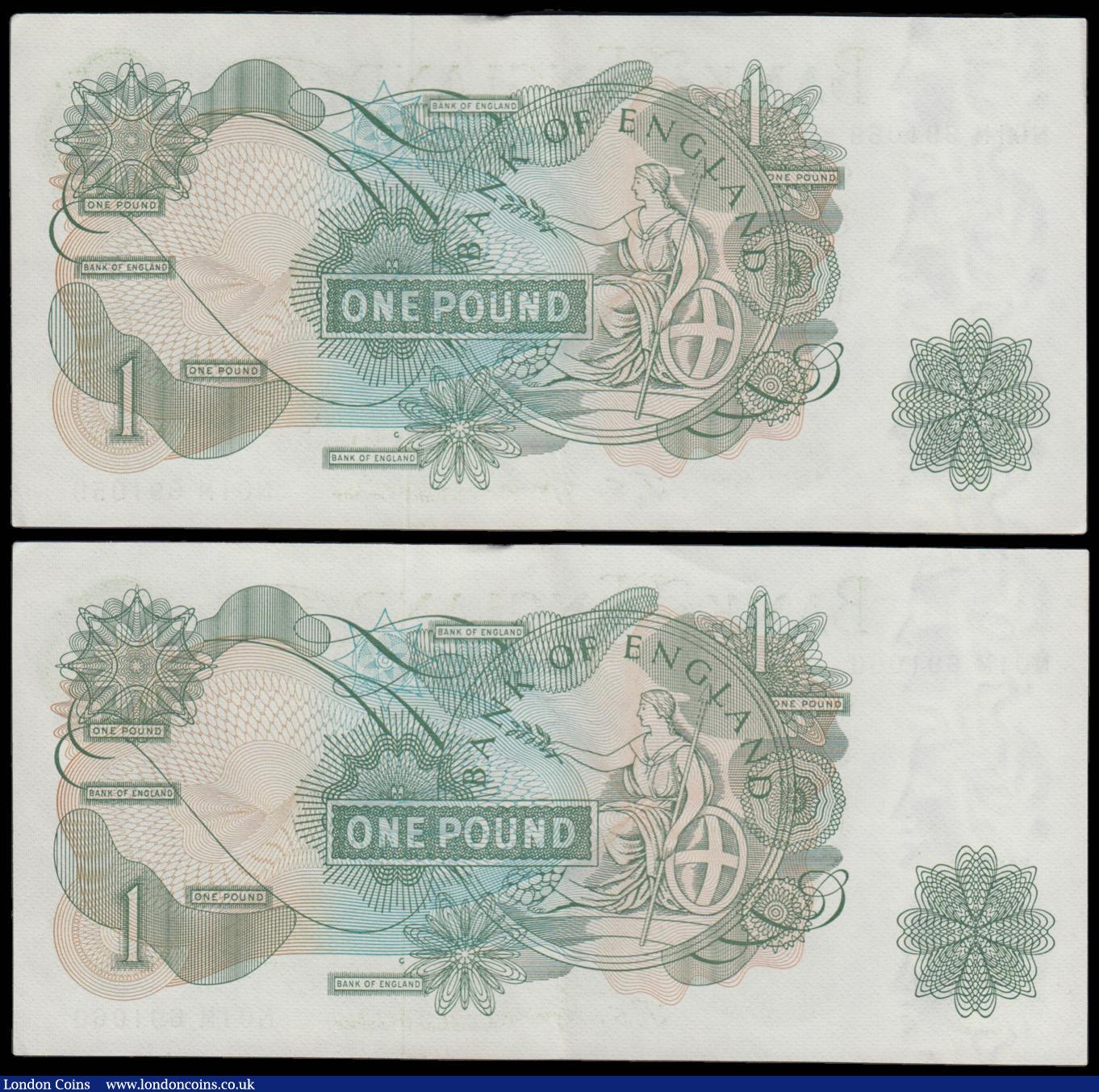 London Coins : A179 : Lot 52 : One Pound Fforde B308 issued 1967 first series replacement, "G" reverse, (2) consecutive n...