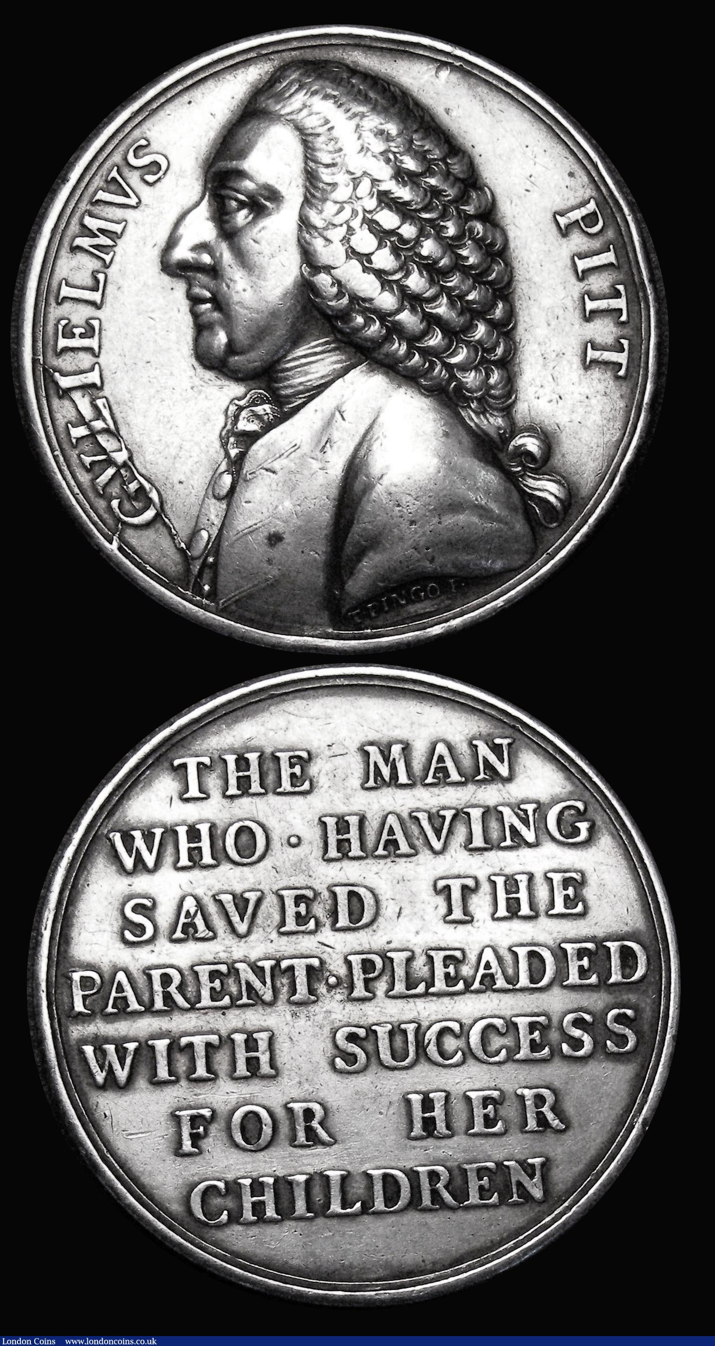 London Coins : A179 : Lot 905 : Medals (2) Repeal of the Stamp Act 1766 40mm diameter in silver by T.Pingo Obverse: Bust of William ...
