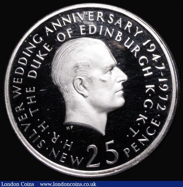 25 Pence 1972 Model Pattern Silver Wedding of Queen Elizabeth II and Prince Philip, Obverse: Bust of Prince Philip right SILVER WEDDING ANNIVERSARY 1947-1972H.R.H THE DUKE OF EDINBURGH, Reverse: MODEL in centre, X#TS1, Proof in .999 silver, weight 30.68 grammes, nFDC with very minor toning on the reverse, retaining almost full mint brilliance  : English Coins : Auction 180 : Lot 1220