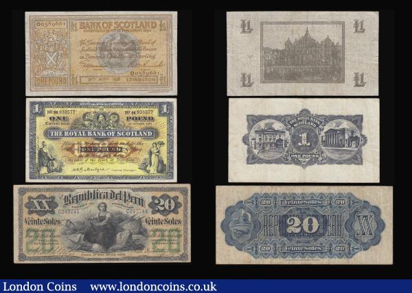 French Cameroon 100 Francs Felix Eboue at centre Pick 32 Fine,  French West Africa 25 Francs AFRIQUE FRANCAISE LIBRE Pick 27 Fine, Malaya 50 c 1941 VF Peru 20 Sols 1879 Pick 6 Fine, Scotland Bank of Scotland One Pound 30 Nov 1936 Fine and Royal Bank One Pound 1962 Fine, Sweden 50 Kr 1958 aVF some rust marks : World Banknotes : Auction 180 : Lot 146