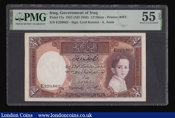 Iraq Half (1/2) Dinar 1931 (undated, 1942) Lord Kennet and Ata Amin signatures, serial number E 220,862, Pick 17a, Printed by Bradbury, Wilkinson and Co. in a PMG holder and graded PMG 55 EPQ (Exceptional Paper Quality) a superb example of this extremely rare and highly desirable note, at the time of writing this is the finest known example on the PMG Population Report : World Banknotes : Auction 180 : Lot 159