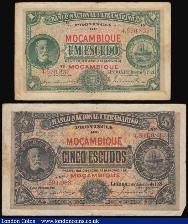 Mozambique Banco Nacional Ultramarine 1 and 5 Escudos dated 1st January 1921 issues variety without decreto at upper left (2) both in VF. 1 Escudo Pick 66b serial number 4570837. Together with the 5 Escudos Pick 68b serial number 1591083.  : World Banknotes : Auction 180 : Lot 180