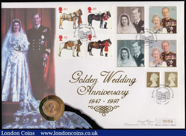 Numismatic Cover 1997 Queen Elizabeth and Prince Philip Golden Wedding Anniversary, comprising Sovereign 1966 Marsh 304 Lustrous GEF and set of Commemorative stamps 20p (2), 26p (3), 43p (2), 63p (2) and First Class (1) on the Commemorative envelope as issued with Westminster album page : English Cased : Auction 180 : Lot 407