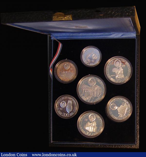 Yugoslavia Proof Set 1978, 8th Mediterranean Games of 1979 (7 coins) comprising 400 Dinars KM#71, 350 Dinars KM#70, 300 Dinars KM#69, 250 Dinars KM#68, 200 Dinars KM#67, 150 Dinars KM#66, and 100 Dinars KM#65 Silver Proofs, (Set KM#PS4) nFDC to FDC with hints of light toning, in the National Bank of Yugoslavia blue case of issue with certificate : World Cased : Auction 180 : Lot 730