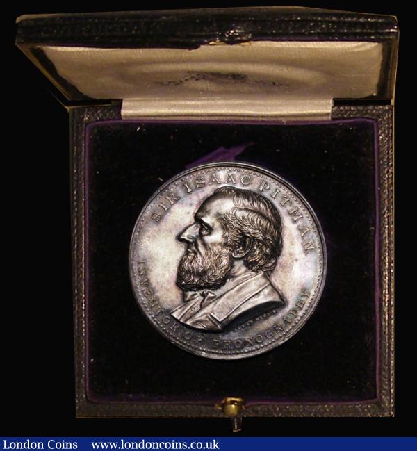 Sir Isaac Pittman undated (1894) 42mm diameter in silver by A.Wyon, Obverse: Draped bust left, SIR ISAAC PITMAN, INVENTOR OF PHONOGRAPHY, Reverse?: PITMAN'S SCHOOLS with a wreath, with SECRETERIAL LAW PRACTICE 1914  and FREDERICK C. BEST engraved above and below, 36.37 grammes, BHM 3471var, UNC and attractively toned, boxed : Medals : Auction 180 : Lot 850
