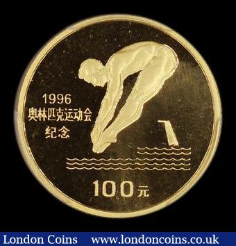 China 100 Yuan 1995 Olympic Games - Platform Diver Gold Proof KM#765 in a PCGS holder and graded PR68 DCAM : World Coins : Auction 180 : Lot 958