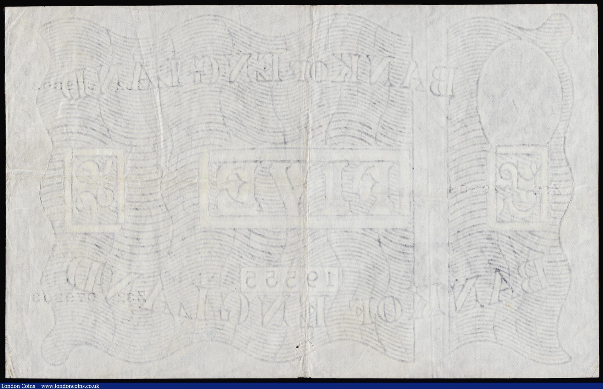 London Coins : A180 : Lot 102 : Five Pounds O'Brien white B275 dated 28 March 1955 prefix Z32, VF with some pin holes 