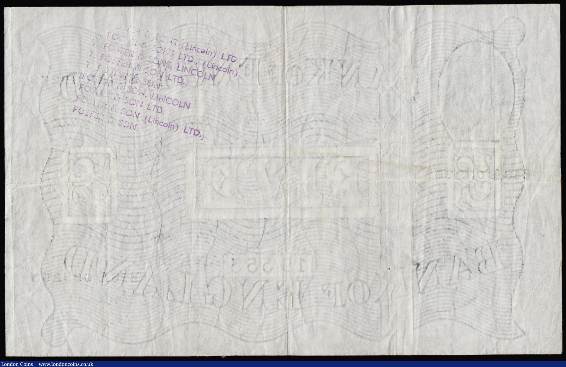 London Coins : A180 : Lot 107 : Five Pounds O'Brien white B276 dated 28 January 1956 prefix B96A, VF with bank stamps reverse