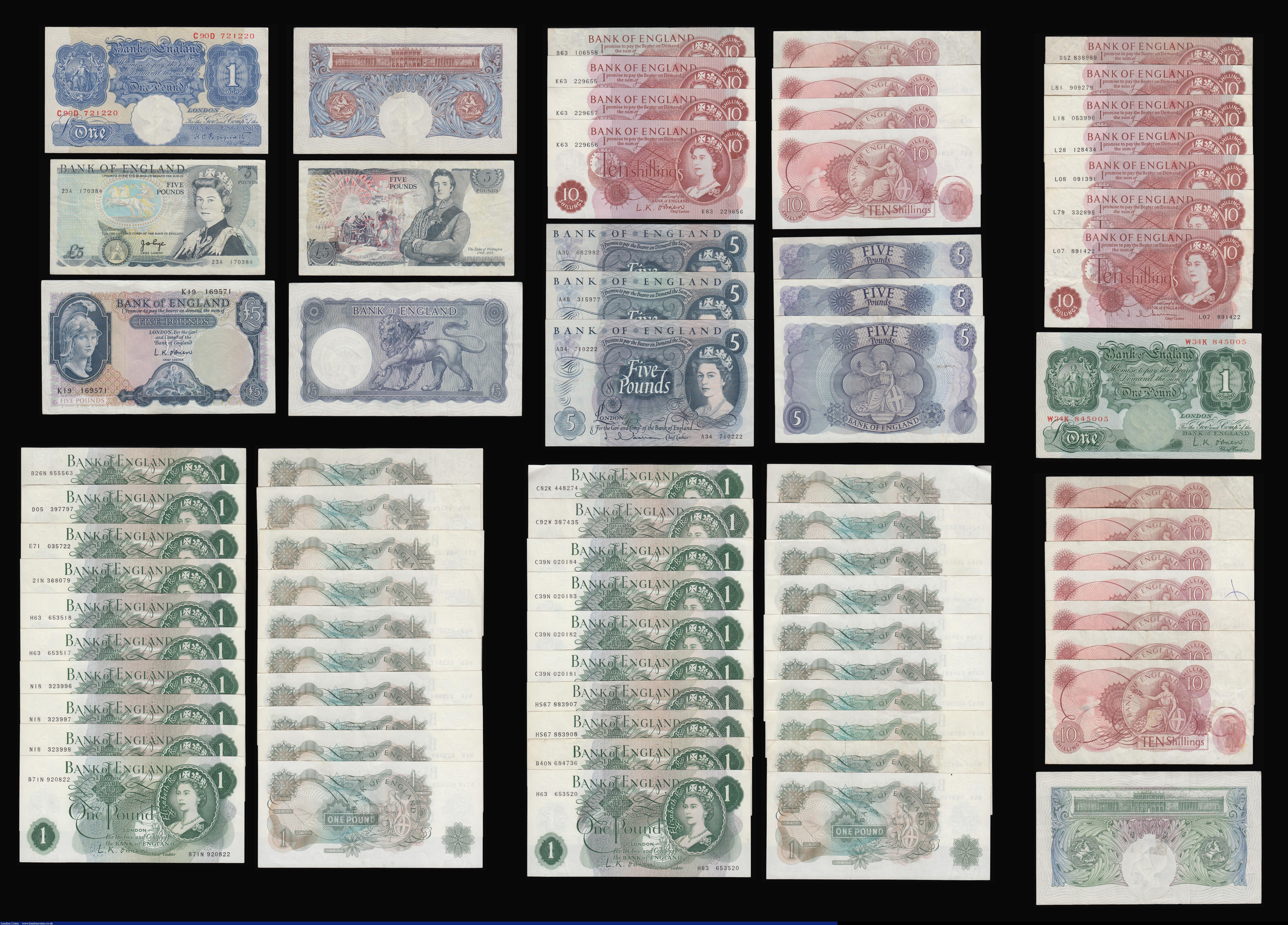 London Coins : A180 : Lot 110 : Ten Pounds (3) Hollom, Page and Somerset EF-Unc, Five Pounds (7) O'Brien Lion and Key (1), Holl...