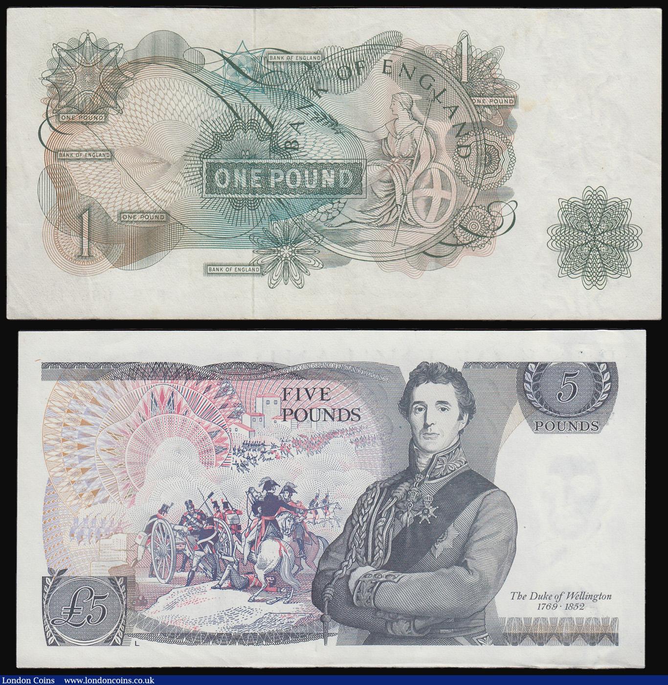 London Coins : A180 : Lot 116 : Five Pounds Somerset, Wellington 1980 B343 HT73 000001 Unc along with One Pound Hollom replacement B...