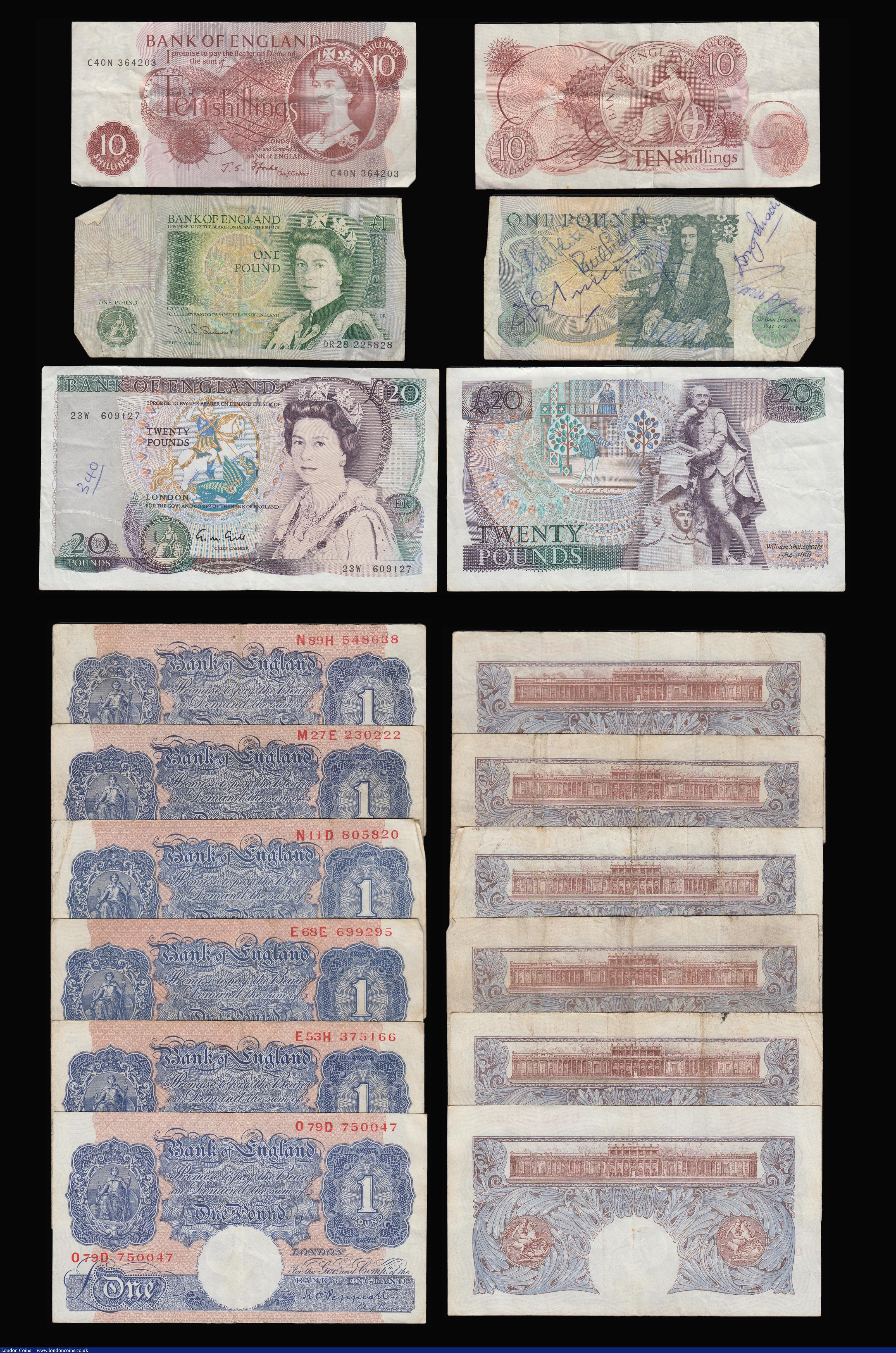 London Coins : A180 : Lot 117 : Twenty Pounds Gill Shakespeare reverse 23W prefix VF inked number on front, Five Pounds Gill Welling...