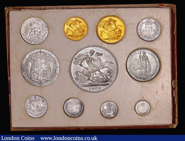 Proof Set 1902 short set  (11 coins) Sovereign to Maundy Penny Matt Proofs UNC to nFDC the silver with matching tone, comes in the 11-coin red card box, the lid detached : English Coins : Auction 180 : Lot 1192