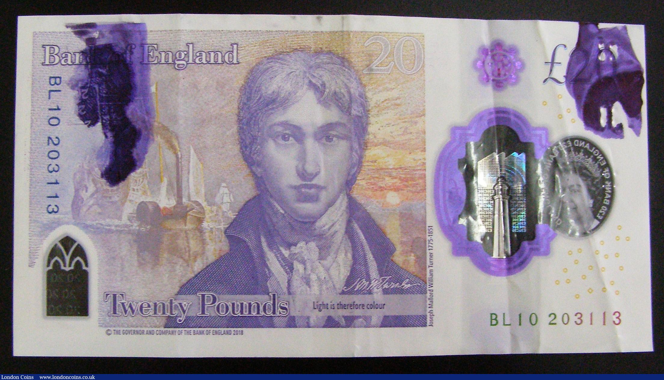 London Coins : A180 : Lot 121 : Error - Twenty Pounds Sarah John current polymer issue prefix BL10 extra inking error the back of th...