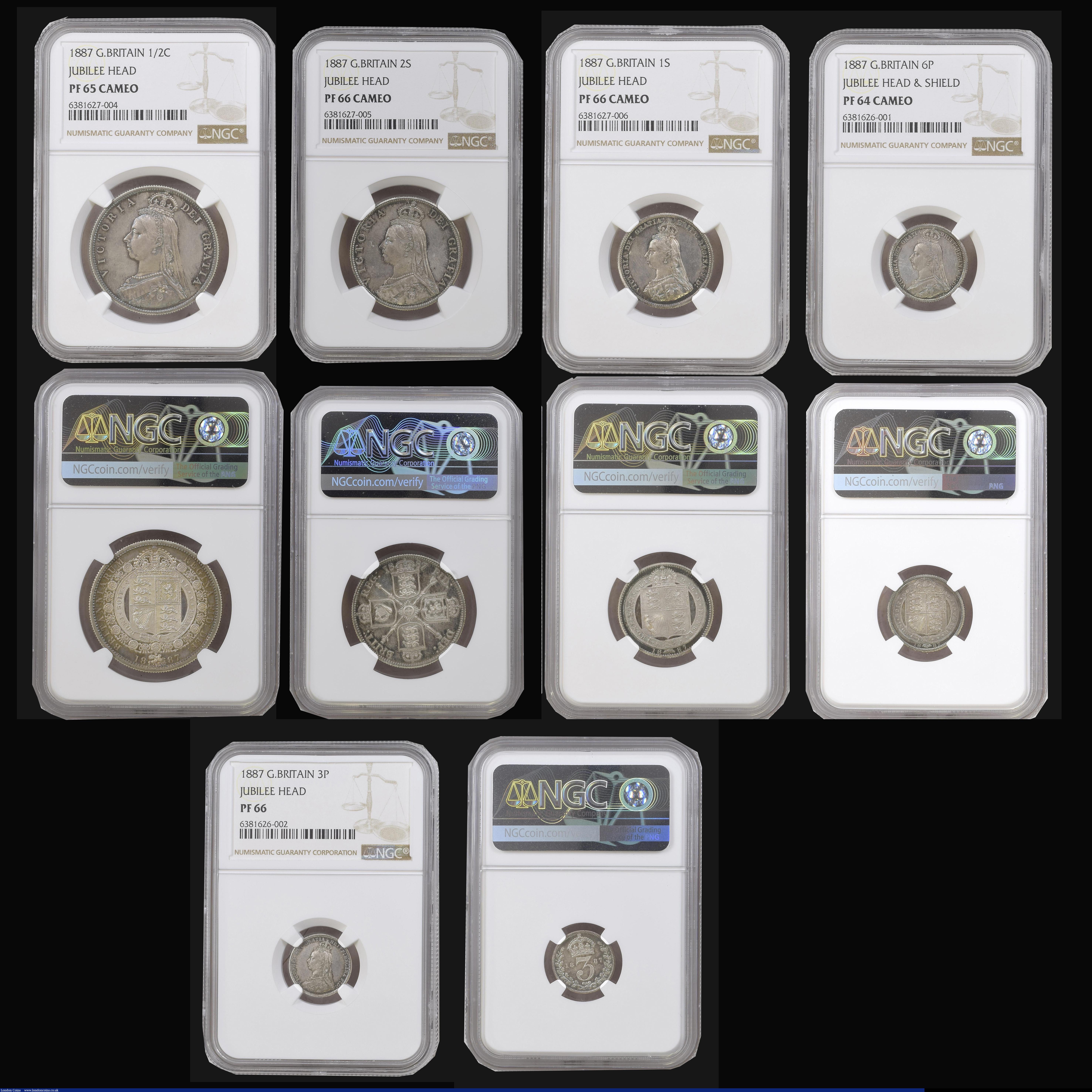 London Coins : A180 : Lot 1210 : Proof Set 1887 &pound;5 to Silver Threepence (11 coins) NGC graded Five Pounds PF63 ULTRA CAMEO, Two...