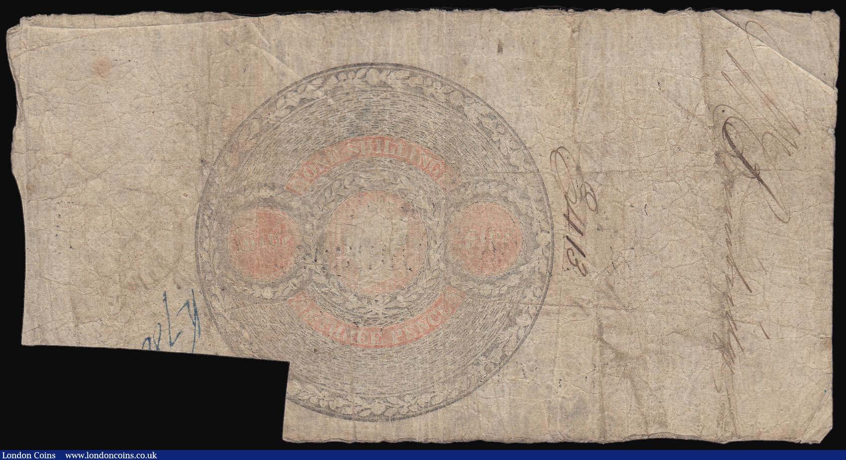 London Coins : A180 : Lot 124 : Provincial Kendal Bank £5 dated 1834, signature cut-cancelled, Grant 1488B (denomination unlis...