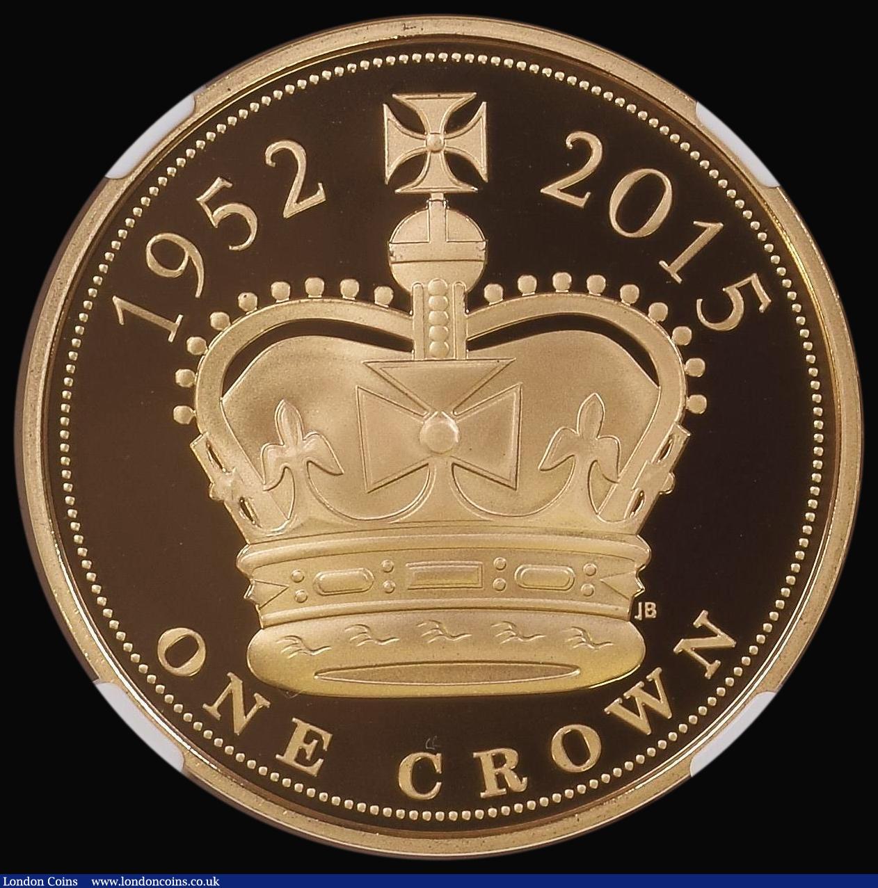 London Coins : A180 : Lot 1328 : Five Pound Crown 2015 Queen Elizabeth II - The Longest Reigning Monarch S.L43 Gold Proof in an NGC h...