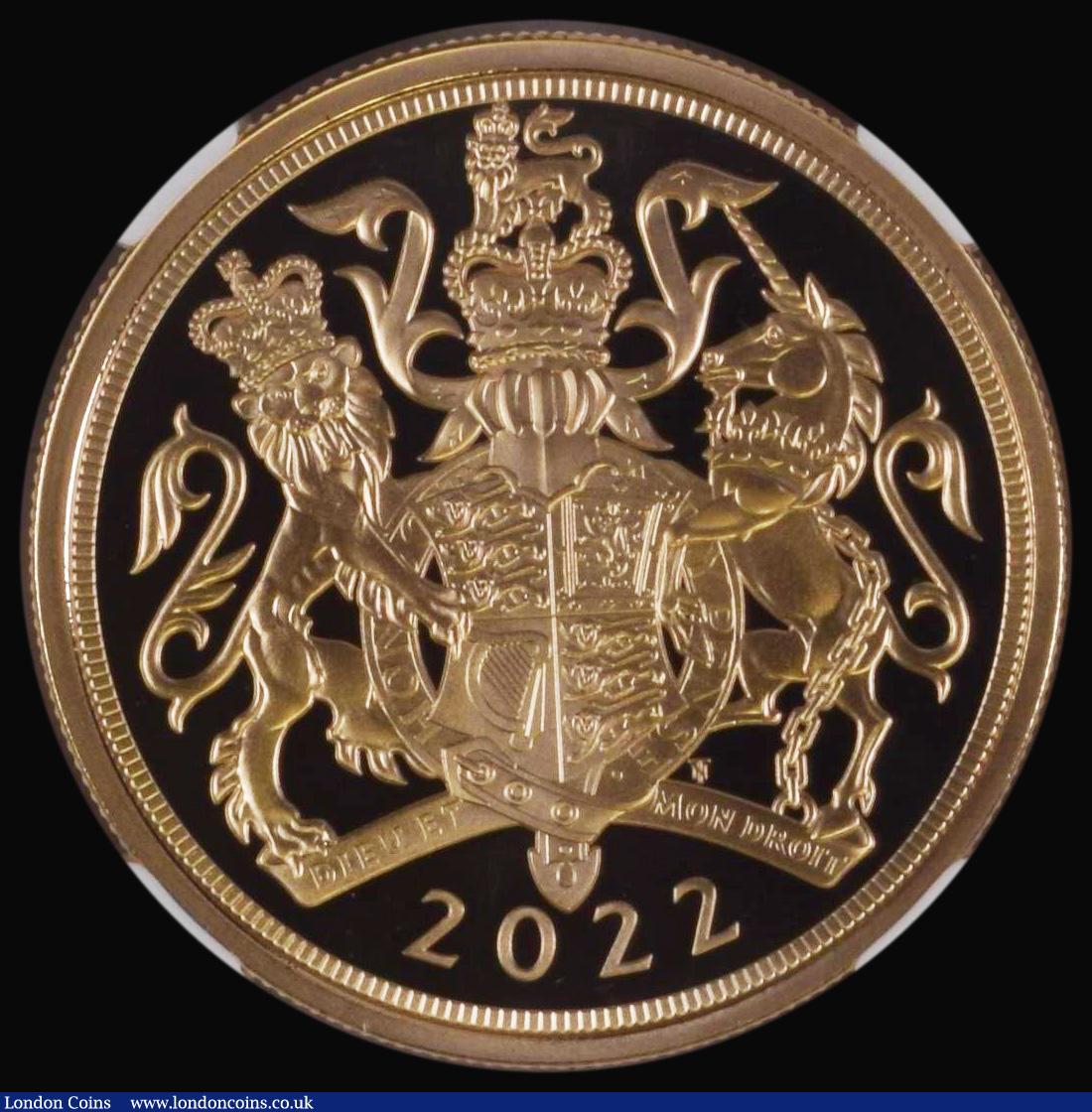 London Coins : A180 : Lot 1329 : Five Pound Crown 2022 Queen Elizabeth II Platinum Jubilee Gold Proof in an NGC 'First Releases&...