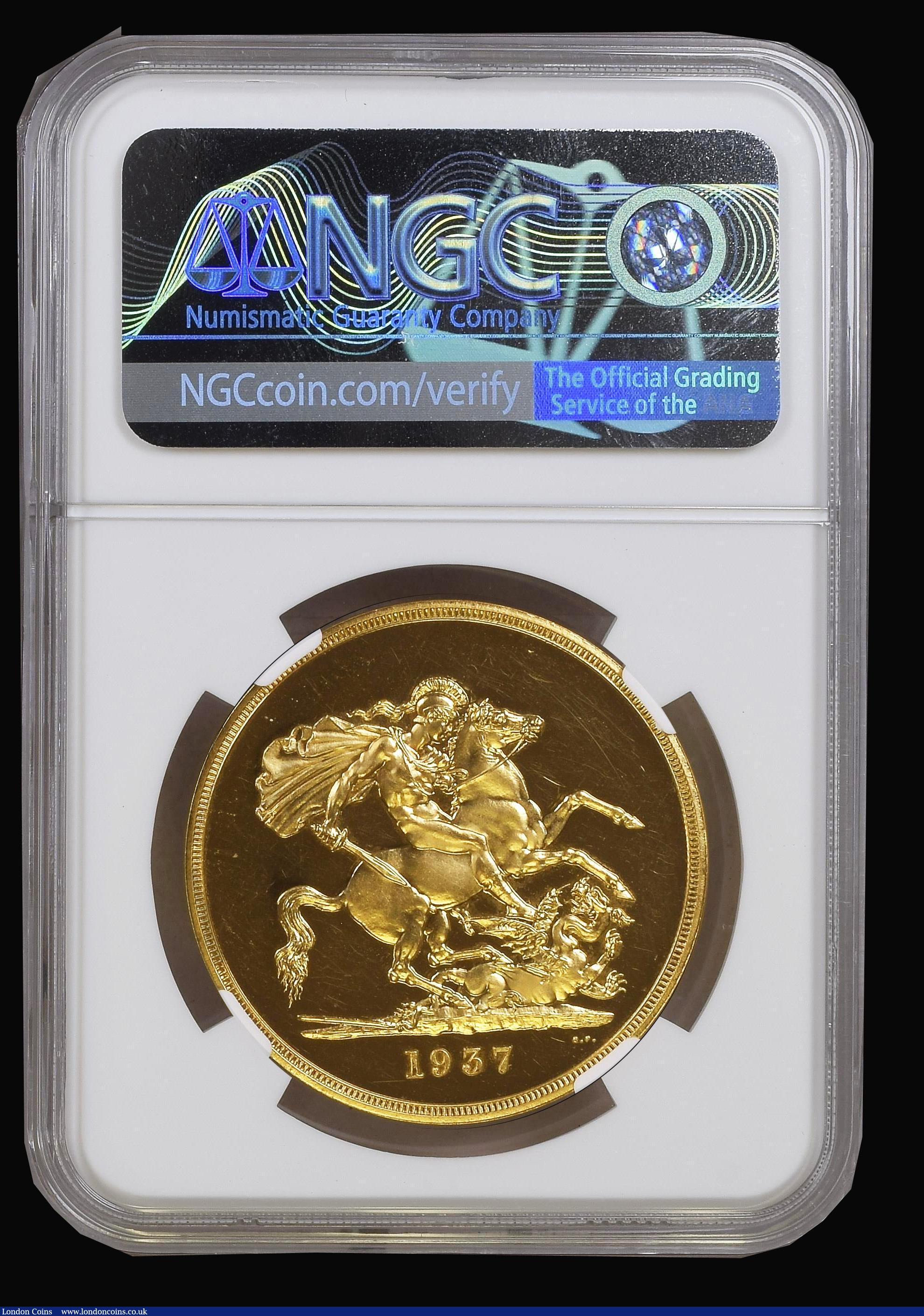London Coins : A180 : Lot 1340 : Five Pounds 1937 Gold Proof S.4074, Marsh F40 in an NGC holder and graded PF63 Cameo, the only Georg...